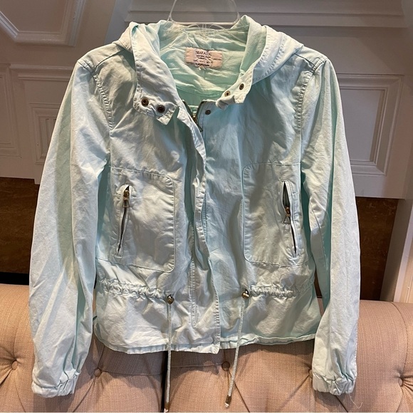 ZARA Trafaluc Mint Green Draw string Waist Spring Hooded Jacket Sz M -Sz L Label - Picture 1 of 9